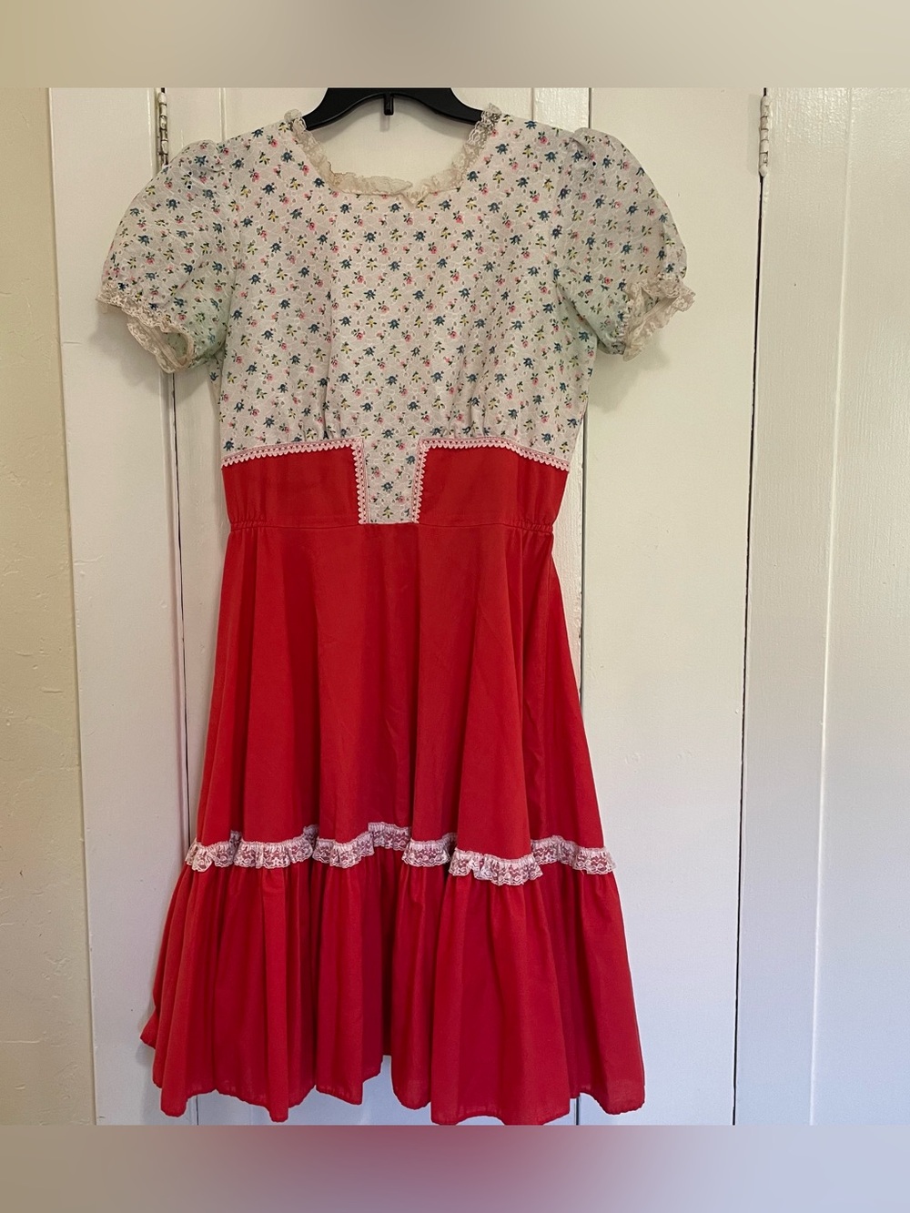 Vintage Red and Floral Tiered Prairie Dress square dancing